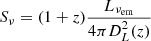 $$ \begin{aligned} S_\nu = (1+z)\frac{L_{\nu _\mathrm{em} }}{4\pi D_{L}^2(z)} \end{aligned} $$