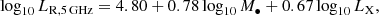 $$ \begin{aligned} \log _{10} L_{\mathrm{R} ,5\,\mathrm{GHz}} = 4.80 + 0.78 \log _{10} M_\bullet + 0.67 \log _{10} L_\mathrm{X} , \end{aligned} $$