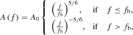 $$ \begin{aligned} A\left(f\right) = A_0 \left\{ \begin{array}{lll} \left(\frac{f}{f_{\rm b}}\right)^{5/6},&\mathrm{if}&f \le f_{\rm b}, \\ \left(\frac{f}{f_{\rm b}}\right)^{-5/6}\!,&\mathrm{if}&f > f_{\rm b}, \end{array} \right. \end{aligned} $$