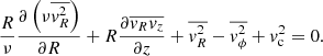$$ \begin{aligned} \frac{R}{\nu }\frac{\partial \left(\nu \overline{{ v}_R^2}\right)}{\partial R} + R\frac{\partial \overline{{ v}_R{ v}_z}}{\partial z} + \overline{{ v}_R^2}-\overline{{ v}_\phi ^2}+{ v}_{\rm c}^2= 0. \end{aligned} $$