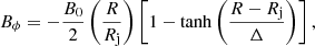 $$ \begin{aligned} B_{\phi }=-\frac{B_0}{2}\left(\frac{R}{R_{\rm j}}\right)\left[1-\tanh \left(\frac{R-R_{\rm j}}{\Delta }\right)\right], \end{aligned} $$