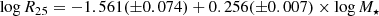 $$ \begin{aligned} \log R_{25} = -1.561(\pm 0.074) + 0.256(\pm 0.007) \times \log M_{\star } \end{aligned} $$