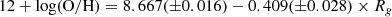 $$ \begin{aligned} 12+\log (\mathrm{O/H}) = 8.667(\pm 0.016) - 0.409(\pm 0.028) \times R_{g} \end{aligned} $$