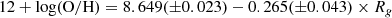 $$ \begin{aligned} 12+\log (\mathrm{O/H}) = 8.649(\pm 0.023) - 0.265(\pm 0.043) \times R_{g} \end{aligned} $$