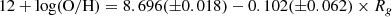 $$ \begin{aligned} 12+\log (\mathrm{O/H}) = 8.696(\pm 0.018) - 0.102(\pm 0.062) \times R_{g} \end{aligned} $$