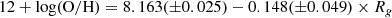 $$ \begin{aligned} 12+\log (\mathrm{O/H}) = 8.163(\pm 0.025) - 0.148(\pm 0.049) \times R_{g} \end{aligned} $$