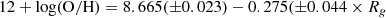 $$ \begin{aligned} 12+\log (\mathrm{O/H}) = 8.665(\pm 0.023) - 0.275(\pm 0.044 \times R_{g} \end{aligned} $$