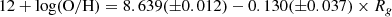 $$ \begin{aligned} 12+\log (\mathrm{O/H}) = 8.639(\pm 0.012) - 0.130(\pm 0.037) \times R_{g} \end{aligned} $$