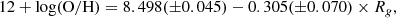 $$ \begin{aligned} 12+\log (\mathrm{O/H}) = 8.498(\pm 0.045) - 0.305(\pm 0.070) \times R_{g}, \end{aligned} $$