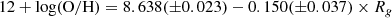 $$ \begin{aligned} 12+\log (\mathrm{O/H}) = 8.638(\pm 0.023) - 0.150(\pm 0.037) \times R_{g} \end{aligned} $$