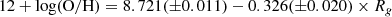$$ \begin{aligned} 12+\log (\mathrm{O/H}) = 8.721(\pm 0.011) - 0.326(\pm 0.020) \times R_{g} \end{aligned} $$