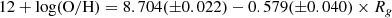 $$ \begin{aligned} 12+\log (\mathrm{O/H}) = 8.704(\pm 0.022) - 0.579(\pm 0.040) \times R_{g} \end{aligned} $$
