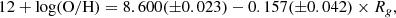 $$ \begin{aligned} 12+\log (\mathrm{O/H}) = 8.600(\pm 0.023) - 0.157(\pm 0.042) \times R_{g}, \end{aligned} $$
