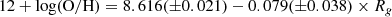 $$ \begin{aligned} 12+\log (\mathrm{O/H}) = 8.616(\pm 0.021) - 0.079(\pm 0.038) \times R_{g} \end{aligned} $$