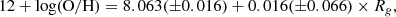 $$ \begin{aligned} 12+\log (\mathrm{O/H}) = 8.063(\pm 0.016) + 0.016(\pm 0.066) \times R_{g}, \end{aligned} $$