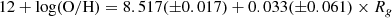 $$ \begin{aligned} 12+\log (\mathrm{O/H}) = 8.517(\pm 0.017) + 0.033(\pm 0.061) \times R_{g} \end{aligned} $$