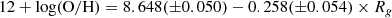 $$ \begin{aligned} 12+\log (\mathrm{O/H}) = 8.648(\pm 0.050) - 0.258(\pm 0.054) \times R_{g} \end{aligned} $$