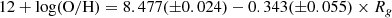 $$ \begin{aligned} 12+\log (\mathrm{O/H}) = 8.477(\pm 0.024) - 0.343(\pm 0.055) \times R_{g} \end{aligned} $$