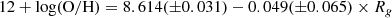 $$ \begin{aligned} 12+\log (\mathrm{O/H}) = 8.614(\pm 0.031) - 0.049(\pm 0.065) \times R_{g} \end{aligned} $$