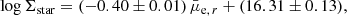 $$ \begin{aligned} \log \Sigma _{\rm star} = (-0.40\pm 0.01)\, \bar{\mu }_{\mathrm{e},\, r} + (16.31 \pm 0.13), \end{aligned} $$
