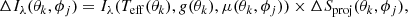$$ \begin{aligned} \Delta I_\lambda (\theta _k,\phi _j)=I_\lambda (T_\mathrm{eff} (\theta _k),g(\theta _k),\mu (\theta _k,\phi _j))\times \Delta S_\mathrm{proj} (\theta _k,\phi _j) ,\end{aligned} $$