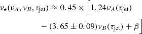 $$ \begin{aligned}&\nu _\star (\nu _A,\nu _B,\tau _{\text{jet}}) \approx 0.45\times \Big [ 1.24\nu _A(\tau _{\text{jet}})\nonumber \\&\qquad \qquad \qquad -(3.65\pm 0.09)\nu _B(\tau _{\text{jet}})+\beta \Big ] \end{aligned} $$