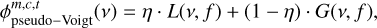 $\phi _{{\rm{pseudo--Voigt}}}^{m,c,t}\left( \nu \right) = \eta \cdot L\left( {\nu ,f} \right) + \left( {1 + \eta } \right) \cdot G\left( {\nu ,f} \right),$