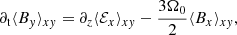$$ \begin{aligned}&\partial _{\rm t}\langle B_{ y} \rangle _{x{ y}} = \partial _z\langle \mathcal{E} _{x} \rangle _{x{ y}} - \frac{3\Omega _0}{2}\langle B_x \rangle _{x{ y}}, \end{aligned} $$