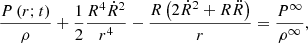 $$ \begin{aligned} \frac{{P\left( {r;t} \right)}}{\rho } + \frac{1}{2}\frac{{{R^4}{{\dot{R}}^2}}}{{{r^4}}} - \frac{{R\left( {2{{\dot{R}}^2} + R\ddot{R}} \right)}}{r} = \frac{{{P^\infty }}}{\rho ^\infty }, \end{aligned} $$