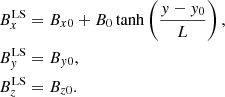 $$ \begin{aligned} \begin{aligned}&B^\mathrm{LS}_x = B_{x0}+ B_0 \tanh \left(\frac{{ y}-{ y}_0}{L}\right),\\&B^\mathrm{LS}_{ y} = B_{{ y}0},\\&B^\mathrm{LS}_z = B_{z0}. \end{aligned} \end{aligned} $$