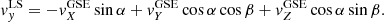 $$ \begin{aligned} v_{ y}^\mathrm{LS} = -v_X^\mathrm{GSE}\sin {\alpha } + v_Y^\mathrm{GSE}\cos {\alpha }\cos {\beta } + v_Z^\mathrm{GSE}\cos {\alpha }\sin {\beta }. \end{aligned} $$