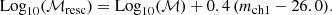 $$ \begin{aligned} \mathrm{Log}_{10}(\mathcal{M} _{\rm resc}) = \mathrm{Log}_{10}(\mathcal{M} ) + 0.4\,(m_{\rm ch1}-26.0). \end{aligned} $$