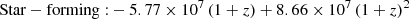 $$ \begin{aligned}&\mathrm{Star-forming:} -5.77\times 10^{7}\,(1+z) + 8.66\times 10^{7}\,(1+z)^2 \end{aligned} $$