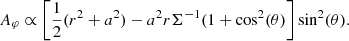 $$ \begin{aligned} A_{\varphi } \propto \left[ {1 \over 2} (r^{2}+a^{2}) - a^{2} r \Sigma ^{-1} (1 + \cos ^{2}(\theta ) \right] \sin ^{2}(\theta ). \end{aligned} $$