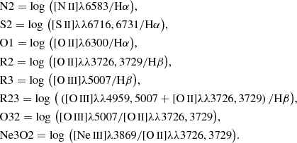 $$ \begin{aligned}&\mathrm{N2} = \log \, \big ([\mathrm{N}\,{\small{\text{II}}} ]\lambda 6583/\mathrm{H}\alpha \big ),\nonumber \\&\mathrm{S2} = \log \, \big ([\mathrm{S}\,{\small{\text{II}}} ]\lambda \lambda 6716, 6731/\mathrm{H}\alpha \big ),\nonumber \\&\mathrm{O1} = \log \, \big ([\mathrm{O}\,{\small{\text{II}}} ]\lambda 6300/\mathrm{H}\alpha \big ),\nonumber \\&\mathrm{R2} = \log \, \big ([\mathrm{O}\,{\small{\text{II}}} ]\lambda \lambda 3726, 3729/\mathrm{H}\beta \big ),\nonumber \\&\mathrm{R3} = \log \, \big ([\mathrm{O}\,{\small{\text{III}}} ]\lambda 5007/\mathrm{H}\beta \big ),\nonumber \\&\mathrm{R23} = \log \, \big (\left([\mathrm{O}\,{\small{\text{III}}} ]\lambda \lambda 4959, 5007 + [\mathrm{O}\,{\small{\text{II}}} ]\lambda \lambda 3726, 3729\right)/\mathrm{H}\beta \big ),\nonumber \\&\mathrm{O32} = \log \, \big ([\mathrm{O}\,{\small{\text{III}}} ]\lambda 5007/[\mathrm{O}\,{\small{\text{II}}} ]\lambda \lambda 3726, 3729\big ),\nonumber \\&\mathrm{Ne3O2} = \log \, \big ([\mathrm{Ne}\,{\small{\text{III}}} ]\lambda 3869/[\mathrm{O}\,{\small{\text{II}}} ]\lambda \lambda 3726, 3729\big ). \end{aligned} $$