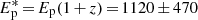 $ E_{\rm p}^\ast\,{=}\,E_{\rm p}(1\,{+}\,z)\,{=}\,1120\,{\pm}\,470 $