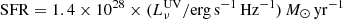 $ \mathrm{SFR}=1.4\times 10^{28} \times (L_{\nu}^{\mathrm{UV}}/ {\mathrm{erg\,s}^{-1}\,\mathrm{Hz}^{-1})\,M_{\odot}\,\mathrm{yr}^{-1}} $