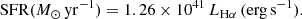 $$ \begin{aligned} \mathrm{SFR}(M_{\odot }\,\mathrm{yr}^{-1}) = 1.26 \times 10^{41}\,L_{\rm H\alpha }\,(\mathrm{erg\,s^{-1}}). \end{aligned} $$