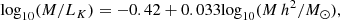 $$ \begin{aligned} {\log }_{10}(M/L_K) = -0.42 + 0.033{\log }_{10}(M\,h^2/M_\odot ), \end{aligned} $$