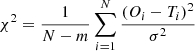 $$ \begin{aligned} \chi ^2=\frac{1}{N-m} \sum _{i=1}^{N} \frac{ (O_i-T_i)^2}{\sigma ^2 } \end{aligned} $$