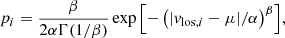 $$ \begin{aligned} p_i = \frac{\beta }{2\alpha \Gamma (1/\beta )}\exp {\left[-\left(|v_{\mathrm{los},i}-\mu |/\alpha \right)^\beta \right]}, \end{aligned} $$