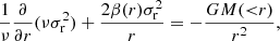 $$ \begin{aligned} \frac{1}{\nu }\frac{\partial }{\partial r}(\nu \sigma ^2_{\rm r}) + \frac{2\beta (r)\sigma ^2_{\rm r}}{r} = -\frac{GM({ < }r)}{r^2}, \end{aligned} $$
