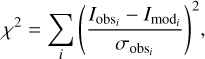 ${\chi ^2} = \sum\limits_i {{{\left( {{{{I_{{\rm{ob}}{{\rm{s}}_i}}} - {I_{{{\bmod }_i}}}} \over {{\sigma _{{\rm{ob}}{{\rm{s}}_i}}}}}} \right)}^2},} $