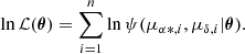 $$ \begin{aligned} \ln \mathcal{L} (\boldsymbol{\theta }) = \sum _{i=1}^n \ln \psi (\mu _{\alpha *, i}, \mu _{\delta , i}| \boldsymbol{\theta }). \end{aligned} $$
