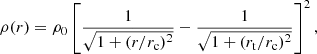 $$ \begin{aligned} \rho (r) = \rho _0 \left[ \frac{1}{\sqrt{1 + (r/r_{\rm c})^2}} - \frac{1}{\sqrt{1 + (r_{\rm t}/r_{\rm c})^2}} \right]^2, \end{aligned} $$