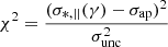 $$ \begin{aligned} \chi ^2 = \frac{(\sigma _{*,||} (\gamma ) - \sigma _{\rm ap} )^2}{\sigma _{\rm unc}^2} \end{aligned} $$