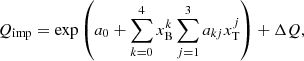 $$ \begin{aligned} Q_{\rm imp} = \exp \left(a_0 + \sum _{k=0}^4 x_{\rm B}^k \sum _{j=1}^3 a_{kj} x_{\rm T}^j \right) + \Delta Q, \end{aligned} $$
