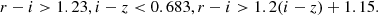 $$ \begin{aligned} r-i>1.23, i-z < 0.683, r-i> 1.2(i-z)+1.15. \end{aligned} $$