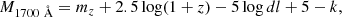 $$ \begin{aligned} M_{1700 ~\AA }=m_z+2.5\log (1+z)-5\log dl+5 -k , \end{aligned} $$