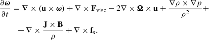 $$ \begin{aligned}&\frac{\partial \boldsymbol{\omega }}{\partial t} = \boldsymbol{\nabla } \times (\mathbf u \times \boldsymbol{\omega }) + \nabla \times \mathbf F _{\rm visc} - 2 \nabla \times \boldsymbol{\Omega } \times \mathbf u + \frac{\nabla \rho \times \nabla p}{\rho ^2}+ \nonumber \\&\qquad \,\,\, + \nabla \times \frac {\mathbf J \times \mathbf B }{\rho } + \nabla \times \mathbf f _{\rm s}. \end{aligned} $$